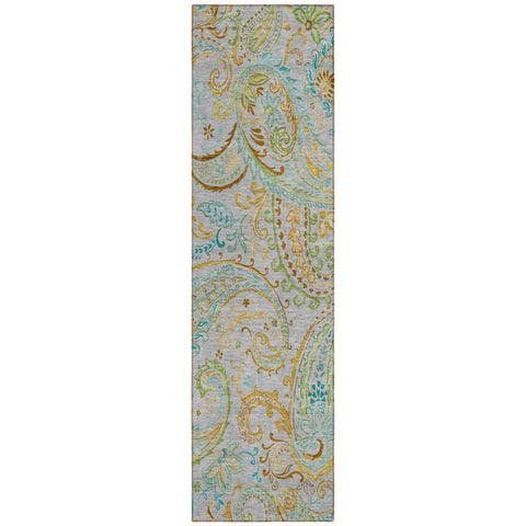 2' X 8' Gray and Gold Paisley Washable Non Skid Indoor Outdoor Runner Rug