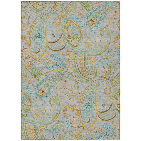 5' X 8' Gray and Gold Paisley Washable Non Skid Indoor Outdoor Area Rug