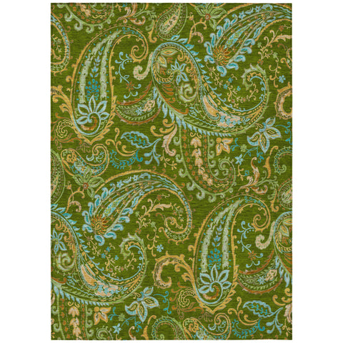 5' X 8' Green Paisley Washable Non Skid Indoor Outdoor Area Rug