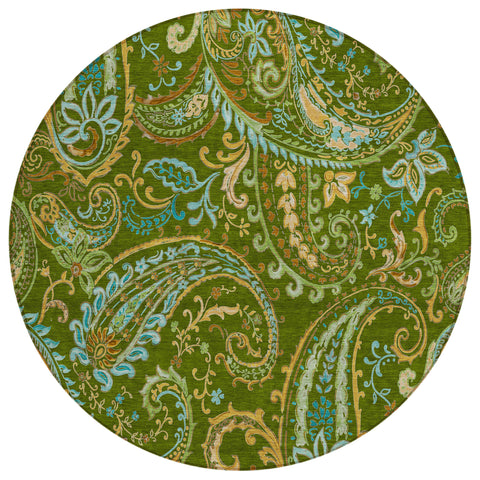8' Round Green Round Paisley Washable Non Skid Indoor Outdoor Area Rug