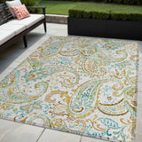 5' X 8' Ivory and Gold Paisley Washable Non Skid Indoor Outdoor Area Rug