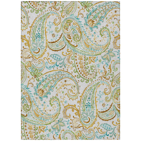 5' X 8' Ivory and Gold Paisley Washable Non Skid Indoor Outdoor Area Rug