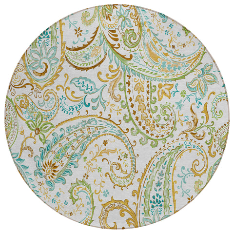 8' Round Ivory and Gold Round Paisley Washable Non Skid Indoor Outdoor Area Rug