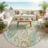 8' Round Ivory and Gold Round Paisley Washable Non Skid Indoor Outdoor Area Rug