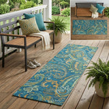 8' Runner Navy Blue Paisley Washable Non Skid Indoor Outdoor Runner Rug