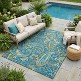 5' X 8' Navy Blue Paisley Washable Non Skid Indoor Outdoor Area Rug
