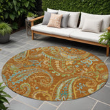 8' Round Orange Round Paisley Washable Non Skid Indoor Outdoor Area Rug