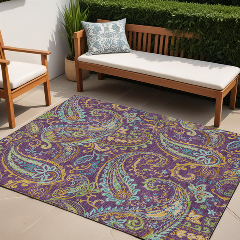5' X 8' Purple Turquoise and Gold Paisley Washable Non Skid Indoor Outdoor Area Rug