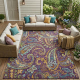 8' X 10' Purple Turquoise and Gold Paisley Washable Non Skid Indoor Outdoor Area Rug