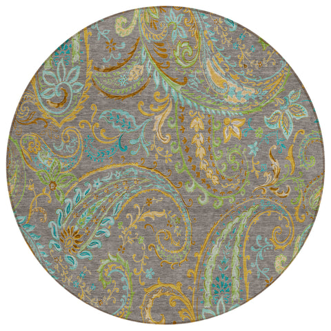8' Round Taupe Round Paisley Washable Non Skid Indoor Outdoor Area Rug
