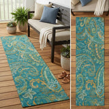 8' Runner Teal Paisley Washable Non Skid Indoor Outdoor Runner Rug