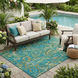 5' X 8' Teal Paisley Washable Non Skid Indoor Outdoor Area Rug