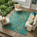 8' X 10' Teal Paisley Washable Non Skid Indoor Outdoor Area Rug