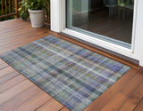 2' X 3' Blue Gray and Green Plaid Washable Non Skid Indoor Outdoor Area Rug