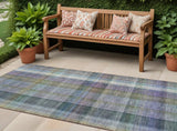 2' X 8' Blue Gray and Green Plaid Washable Non Skid Indoor Outdoor Area Rug