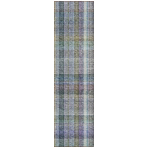 2' X 8' Blue Gray and Green Plaid Washable Non Skid Indoor Outdoor Area Rug