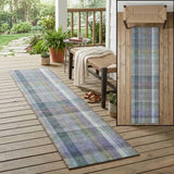 2' X 8' Blue Gray and Green Plaid Washable Non Skid Indoor Outdoor Area Rug