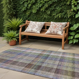 2' X 8' Gray Blue and Green Plaid Washable Non Skid Indoor Outdoor Area Rug