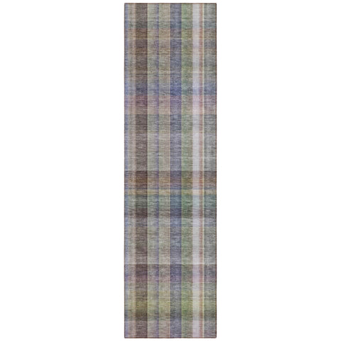 2' X 8' Gray Blue and Green Plaid Washable Non Skid Indoor Outdoor Area Rug