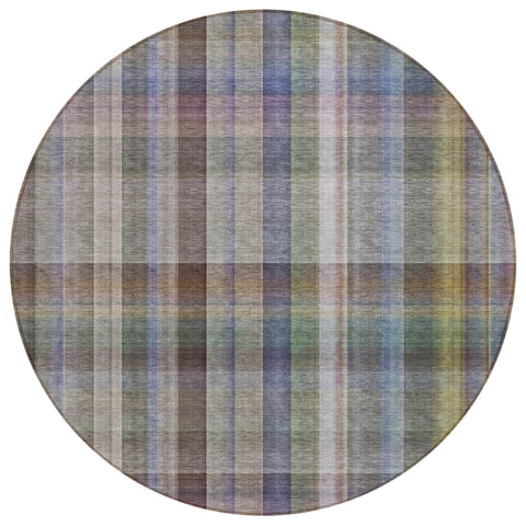 8' Round Gray Round Plaid Washable Non Skid Indoor Outdoor Area Rug