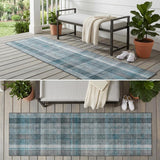 8' Runner Teal Plaid Washable Non Skid Indoor Outdoor Runner Rug