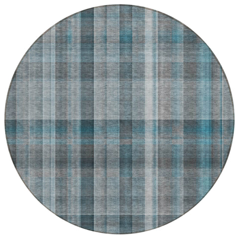 8' Round Teal Round Plaid Washable Non Skid Indoor Outdoor Area Rug