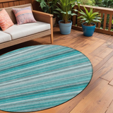8' Round Teal Round Striped Washable Non Skid Indoor Outdoor Area Rug