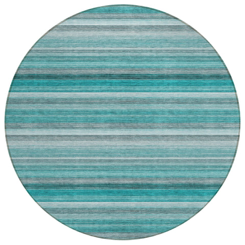 8' Round Teal Round Striped Washable Non Skid Indoor Outdoor Area Rug