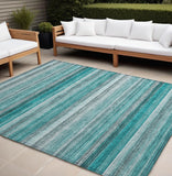 8' X 10' Teal Striped Washable Non Skid Indoor Outdoor Area Rug