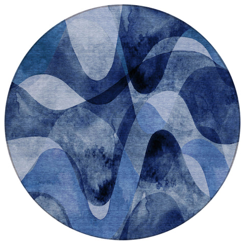 8' X 8' Navy Blue Round Abstract Washable Non Skid Indoor Outdoor Area Rug
