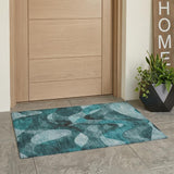 2' X 3' Teal Abstract Washable Non Skid Indoor Outdoor Area Rug
