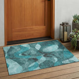 3' X 5' Teal Abstract Washable Non Skid Indoor Outdoor Area Rug