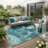 5' X 8' Teal Abstract Washable Non Skid Indoor Outdoor Area Rug