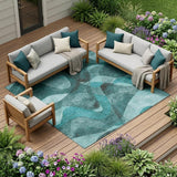 8' X 10' Teal Abstract Washable Non Skid Indoor Outdoor Area Rug