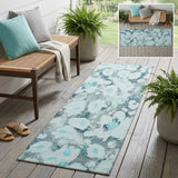 8' Runner Teal Floral Washable Non Skid Indoor Outdoor Runner Rug
