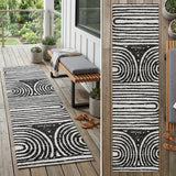 8' Runner Black and White Abstract Washable Non Skid Indoor Outdoor Runner Rug