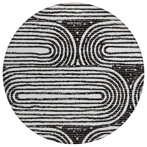 8' Black And White Round Abstract Washable Indoor Outdoor Area Rug