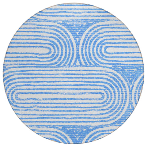 8' Round Blue and White Round Abstract Washable Non Skid Indoor Outdoor Area Rug