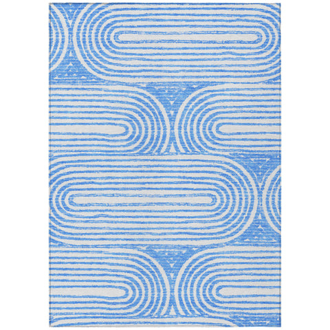 8' X 10' Blue and White Abstract Washable Non Skid Indoor Outdoor Area Rug