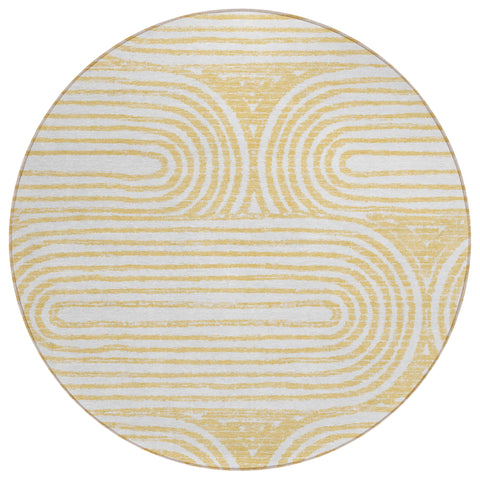 8' Round Gold and White Round Abstract Washable Non Skid Indoor Outdoor Area Rug