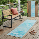 2' X 8' Teal and White Abstract Washable Non Skid Indoor Outdoor Area Rug