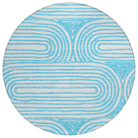 8' Round Teal Round Abstract Washable Non Skid Indoor Outdoor Area Rug