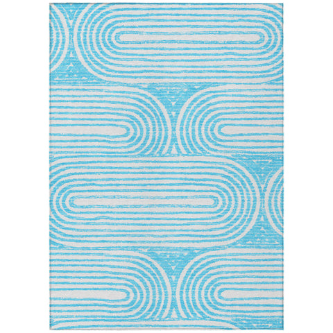 8' X 10' Teal and White Abstract Washable Non Skid Indoor Outdoor Area Rug