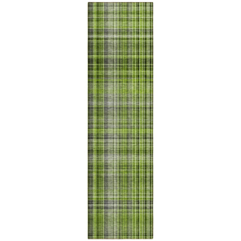 2' X 8' Green Black and Gray Plaid Washable Non Skid Indoor Outdoor Area Rug
