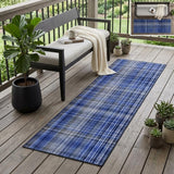 8' Runner Navy Blue Plaid Washable Non Skid Indoor Outdoor Runner Rug