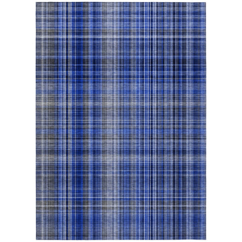 5' X 8' Navy Blue Plaid Washable Non Skid Indoor Outdoor Area Rug