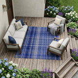 8' X 10' Navy Blue Plaid Washable Non Skid Indoor Outdoor Area Rug