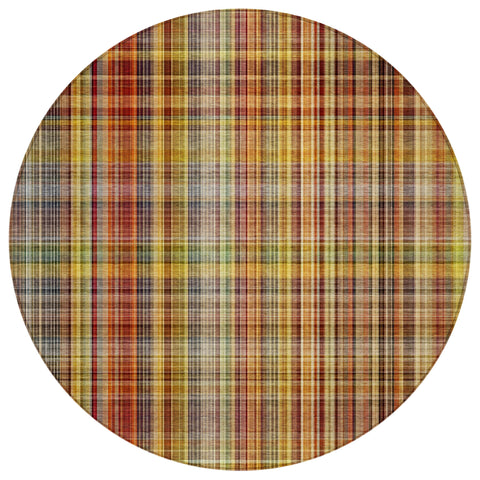 8' Round Orange Round Plaid Washable Non Skid Indoor Outdoor Area Rug