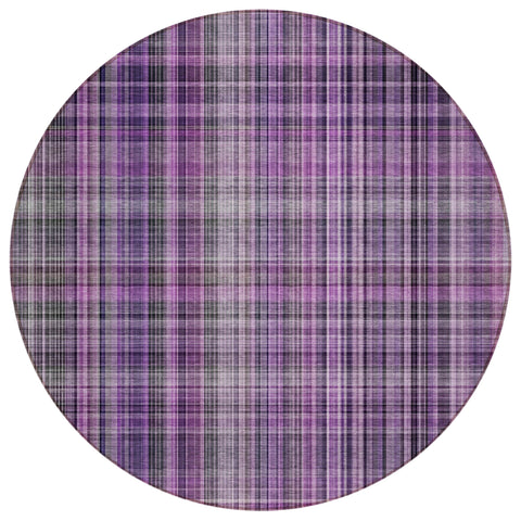 8' Round Purple Round Plaid Washable Non Skid Indoor Outdoor Area Rug