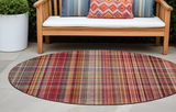 8' Round Red Round Plaid Washable Non Skid Indoor Outdoor Area Rug